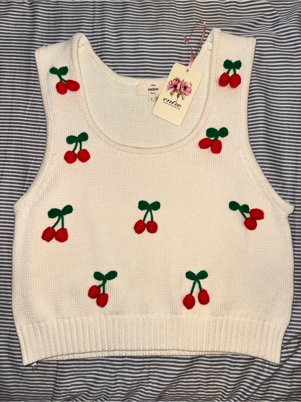 Entro Cream Knit Cherry Tank - Red & Green Embroidery
